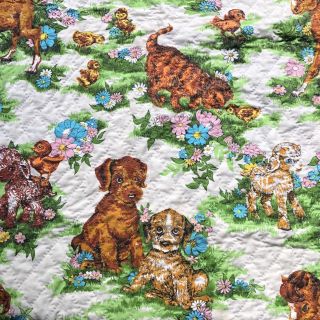 Vintage 1960s Cute Baby Farm Animals Flowers Fabric Completed Baby Quilt 32 X 48