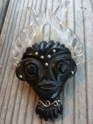 Fab Vintage Lucite,  Metal & Wood Carved Pendant - Face With Horns Circa 1950 