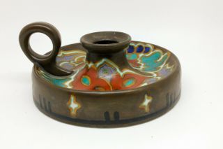 Vintage Arts Crafts Era Gouda Art Pottery Princess Ivory Handled Candle Holder
