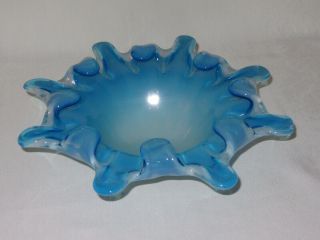 Vintage Murano Light Blue Art Glass Round Dish Bowl Ashtray Frost White Ribbed