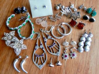 Joblot Vintage Sterling Silver Earrings,  Art Deco Drop,  Amber Modernist,  Crystal