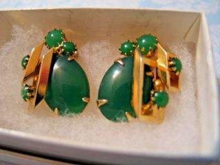 High - End Tn Estate Vintage Clip Earrings Deep Green Lucite & Rhinestones