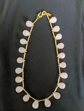 Vintage Kenneth Lane Gold Tone 16 " Pink Raindrop Shaped Rose Quartz Necklace
