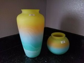 Vintage Ambiente Zwiesel Hand Blown Art Glass Vases Yellow And Teal Germany