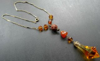 Vintage Art Deco Amber Glass Bead Lavalier Pendant Gold Tone Chain Necklace N231