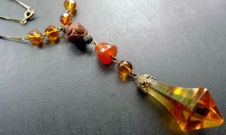 vintage art deco amber glass bead lavalier pendant gold tone chain necklace N231 2