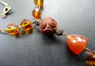vintage art deco amber glass bead lavalier pendant gold tone chain necklace N231 3