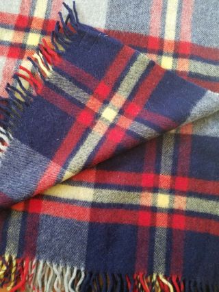 Vintage Troy Robe 100 Wool Blanket Throw Gray Navy Red Plaid 52x64 " Fringe