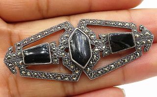 925 Silver - Vintage Black Onyx & Marcasite Modernist Style Brooch Pin - Bp2796
