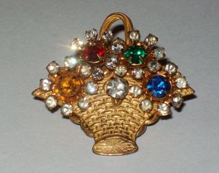 Vintage Miriam Haskell Goldtone Colorful Rhinestone Small Flower Basket Brooch