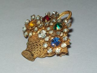 Vintage Miriam Haskell Goldtone Colorful Rhinestone Small Flower Basket Brooch 3