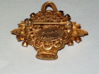 Vintage Miriam Haskell Goldtone Colorful Rhinestone Small Flower Basket Brooch 4