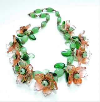 Vintage Orange And Green Flowers Lampwork Art Glass Bead Necklace Jn19362