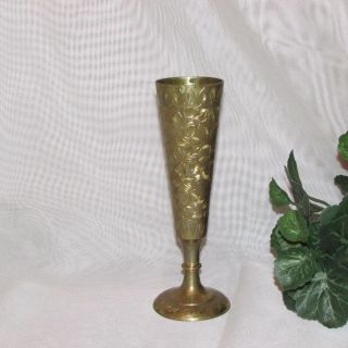 Vintage Solid Brass Bud Vase Hand Etched 6 " Footed Flared Retro Home Decor India