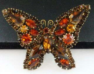 Lovely Vintage Weiss Rhinestone Butterfly Pin Brooch W/orange Brown & Amber Stns