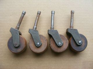 Set 4 - Old Vintage Metal & Wood Small Caster Wheels - Furniture Machinery Cart