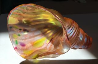 Vintage Hand Blown Art Glass Conch Shell Transparent Amber Yellow Purple Green