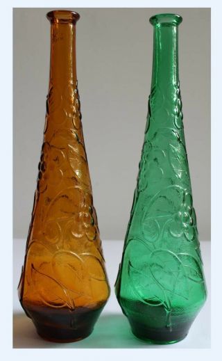 2 X Vintage Retro Green Amber Italian Empoli Art Glass Decanters Genie Bottles