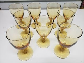 9 Vintage Amber 12 Oz.  Drinking Glasses Goblet Pedestal
