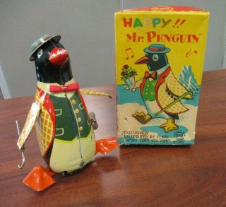 Vintage Marusan Japan Tin Litho Wind Up Happy Mr.  Penguin & Box