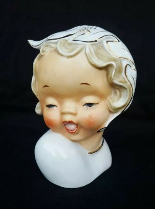 Vintage Ucagco Girl Lady Head Vase Hand Painted Japan Flapper White Gold