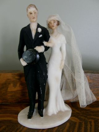 Lovely Vintage Tall Art Deco Wedding Cake Topper Porcelain Bisque Bride & Groom