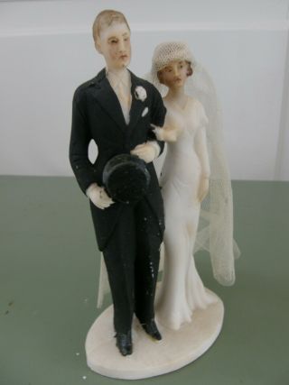 LOVELY VINTAGE TALL ART DECO WEDDING CAKE TOPPER PORCELAIN BISQUE BRIDE & GROOM 2
