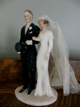 LOVELY VINTAGE TALL ART DECO WEDDING CAKE TOPPER PORCELAIN BISQUE BRIDE & GROOM 3