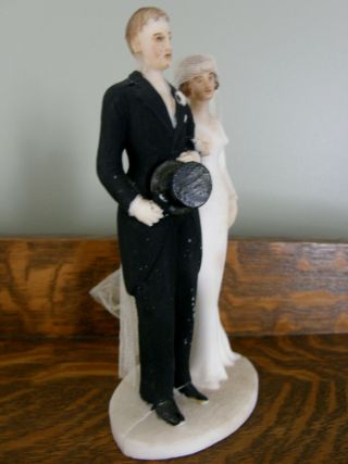 LOVELY VINTAGE TALL ART DECO WEDDING CAKE TOPPER PORCELAIN BISQUE BRIDE & GROOM 7