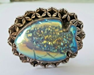 Vtg Amy Kahn Russell Akr Sterling Silver Druzy Florescent Fish Figural Ring Sz 9
