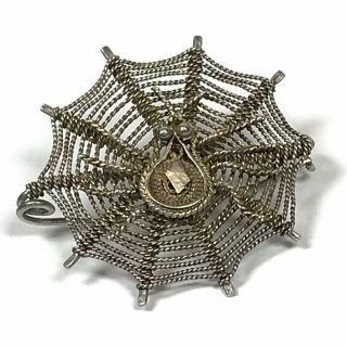 Vintage 925 Sterling Silver Spider On Wed Brooch Pin Spooky Halloween C Clasp