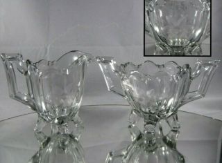 Vintage 4 Toed Creamer Pitcher & Sugar Bowl Dish Etched Flower Clear Glass