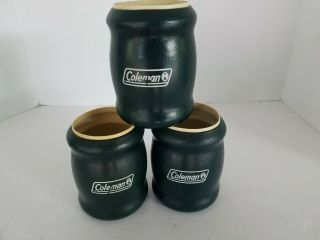 3 Vintage Green Coleman Lantern Logo Tuffoams Can Koozies Beer Soda Pop Camping