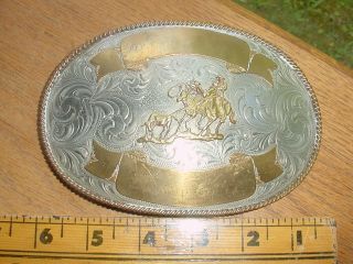 Huge Vintage Montana Silversmiths Cowboy Rodeo Belt Buckle Calf Roping
