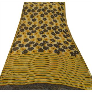 Sanskriti Vintage Cream Saree Pure Chiffon Silk Printed Sari Decor Craft Fabric 3