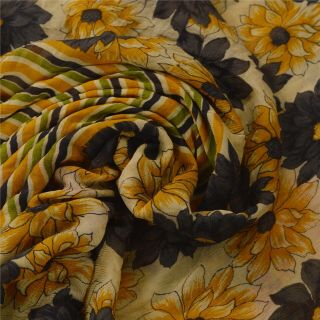 Sanskriti Vintage Cream Saree Pure Chiffon Silk Printed Sari Decor Craft Fabric 4