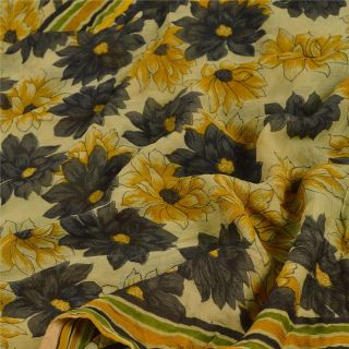 Sanskriti Vintage Cream Saree Pure Chiffon Silk Printed Sari Decor Craft Fabric 5