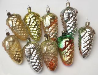 9 Vintage Russian Silver Glass Ussr Soviet Christmas Xmas Ornaments Pinecones