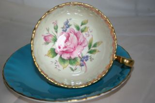 Lovely Vintage Aynsley Bone China Cup Saucer Set - Sky Blue,  Gold W/pink Rose