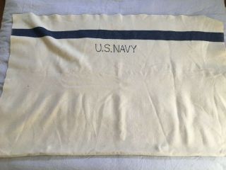 Wwii Vintage Us Navy Military Blanket Cream Blue Stripe Wool Blanket