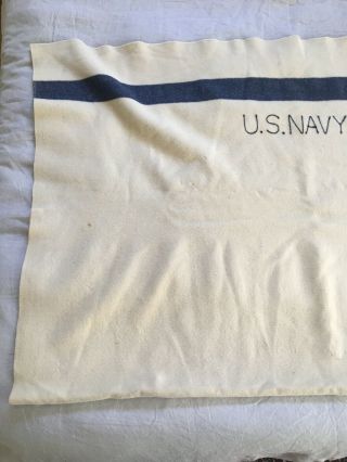 WWII VINTAGE US NAVY MILITARY Blanket Cream BLUE STRIPE WOOL BLANKET 2