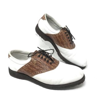 Vintage Footjoy Classics Womens 7 Golf Shoes Saddle White Brown Basketweave