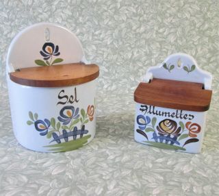 Vintage French Ceramic Sel & Allumettes Signed Handmade Canisters Salt Matches