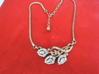 Vintage Crown Trifari Gold Plated Rhinestone Swirl Floral Motif Necklace