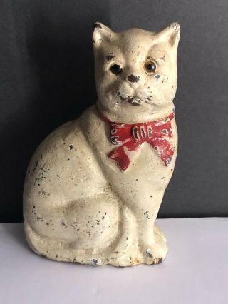 Vintage Cast Iron Kitty Cat Money Bank White With Red Bow 4 " Tall Unmarked