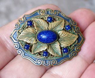 Edwardian Vintage Czech Jewellery Lapis Lazuli Cabochon & Enamel Gold Brooch Pin