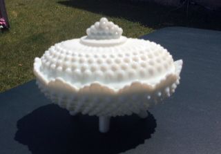 Vintage Fenton Hobnail White Milk Glass Lidded 4 Footed Butter Or Candy Dish