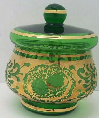 Vtg Bohemian Emerald Green Glass Lidded Candy Dish Ornate Gold Designs Trinket