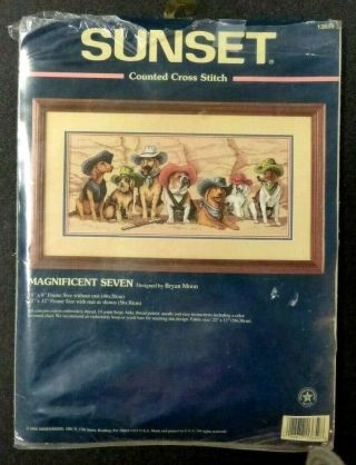 Vintage Sunset Magnificent Seven Counted Cross Stitch Kit 1998 Cowboy Dogs