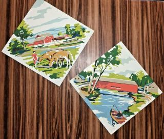 Vintage 8x8 Rural Farm Cows Covered Bridge Fishing Barn Paint By Number Unframed